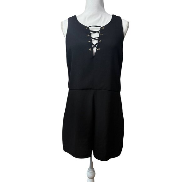 Xhilaration Pants - Womens Black Lace-Up Front Sleeveless Romper With Gold Back Zipper Xhilaration L